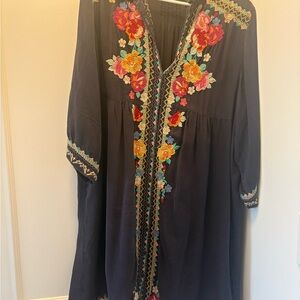 Johnny Was Black Blouse with Multicolor Floral Embroidery